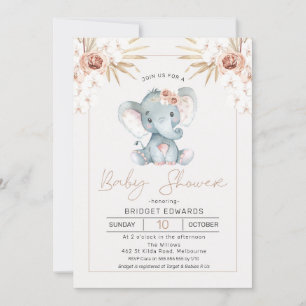 Boho Floral Girls Elephant baby shower Invitation