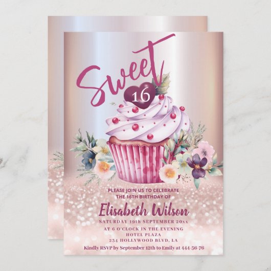 Boho floral Girly cupcake Roos gouden glitterij Kaart (Voorkant / Achterkant)