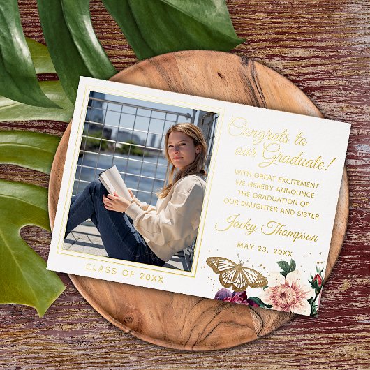 Boho Floral Gold Foil Faire-part de graduation