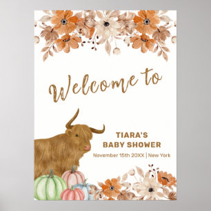 Boho Floral Highland Koe Baby shower Welkom Poster