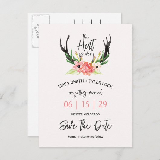 ©Boho Floral Hunt is over de datum redden Aankondigingskaart (Voorkant / Achterkant)