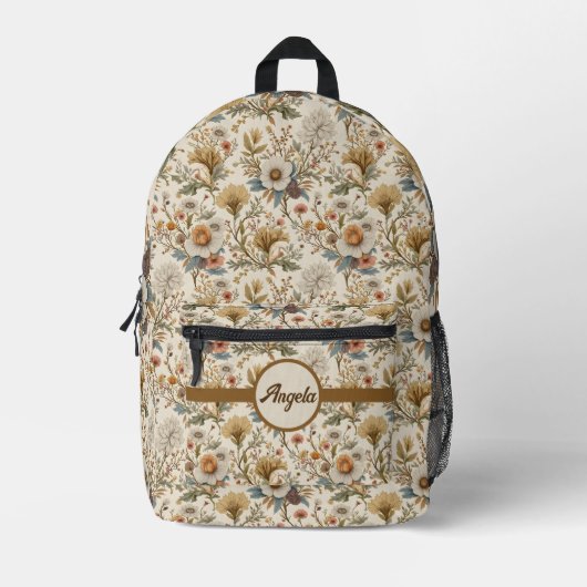 Boho Floral in Beige Bedrukte Rugzak (Voorkant)