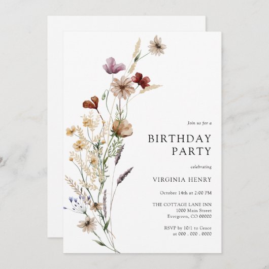 Boho Floral Invitation d'anniversaire (Devant / Derrière)