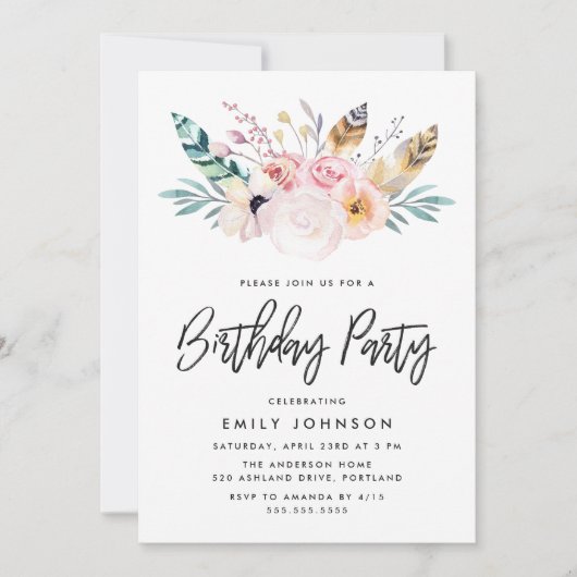 Boho Floral | Invitation de fête d'anniversaire (Devant)