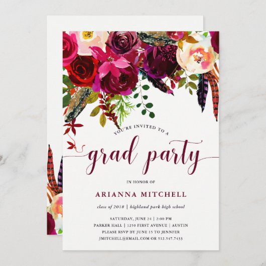 Boho Floral | Invitation de la fête de graduation (Devant / Derrière)