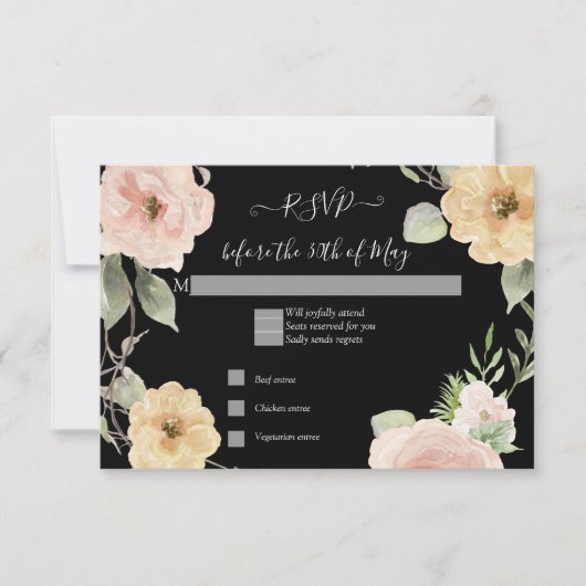 Boho Floral Jaune Rose Noir Réponse RSVP (Devant)