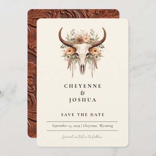 Boho Floral Koe Schedel Western Save the Date Kaart (Voorkant / Achterkant)