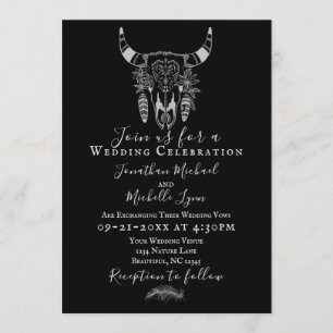 Boho Floral Koe Skull Black and White Wedding Kaart