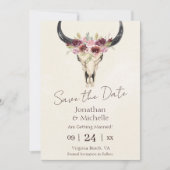 Boho Floral Koe Skull Burgundy PHOTO Weddenschap Save The Date (Voorkant)