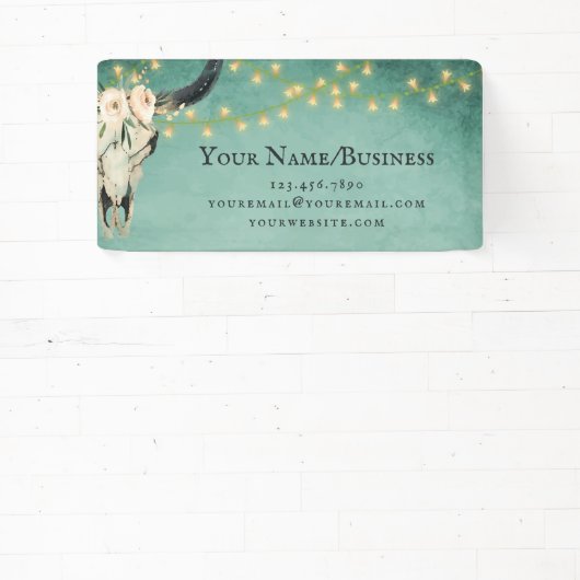 Boho Floral Koe Skull, Licht Turquoise Business Spandoek (Insitu)