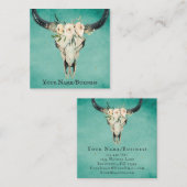 Boho Floral Koe Skull op Turquoise Vierkante Visitekaartje (Voorkant / Achterkant)