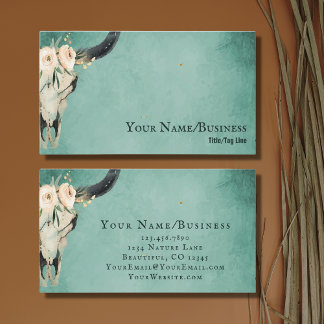 Boho Floral Koe Skull op Turquoise Visitekaartje