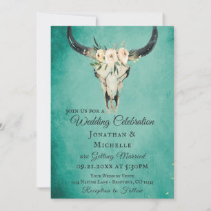 Boho Floral Koe Skull op Turquoise Wedding Kaart