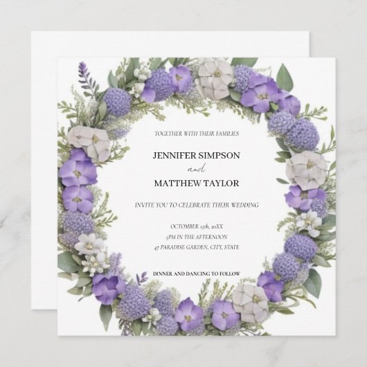 Boho Floral krans in Paarse & witte retro bruiloft Kaart (Voorkant / Achterkant)