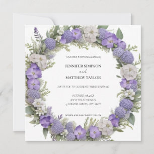 Boho Floral krans in Paarse & witte retro bruiloft Kaart