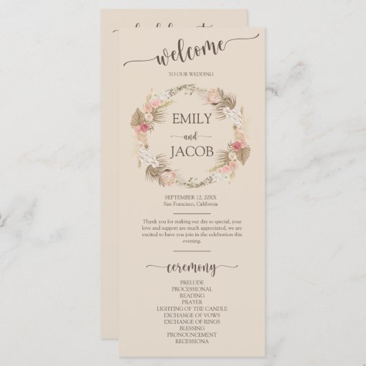 Boho Floral Krans Script Wedding Flat Programma (Voorkant / Achterkant)