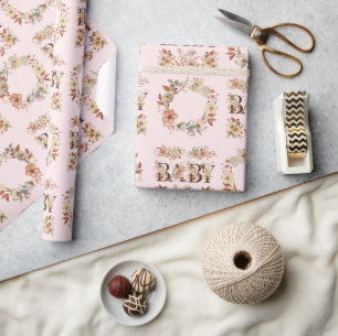 Boho Floral krans Waterverf roze Baby cadeau Cadeaupapier