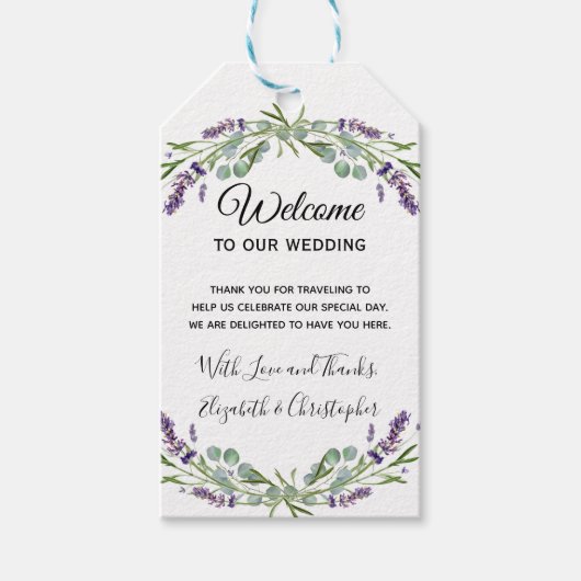 Boho Floral Lavender Eucalyptus Weddenschap Welkom Cadeaulabel (Voorkant)