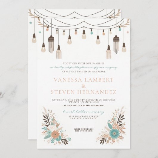 Boho Floral Lights Wedding Kaart (Voorkant / Achterkant)