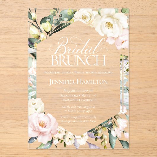 Boho Floral Lijst Bruids Brunch Vrijgezellenfeest Acryl Uitnodigingen (Voorkant)