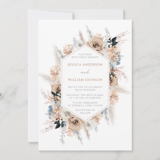 Boho Floral Lijst Dusty Blue Wedding Kaart (Voorkant)