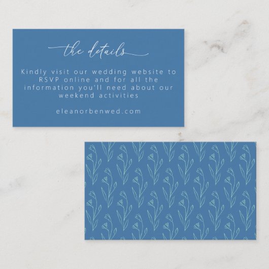 Boho Floral Line Art Blue Script Weddenschap RSVP Informatiekaartje (Voorkant / Achterkant)
