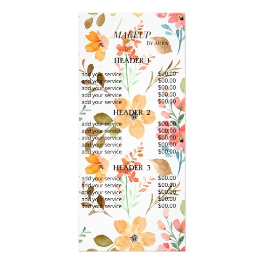Boho Floral Make-up Artiest Prijs Lijst Sjabloon Reclamekaart (Voorkant)