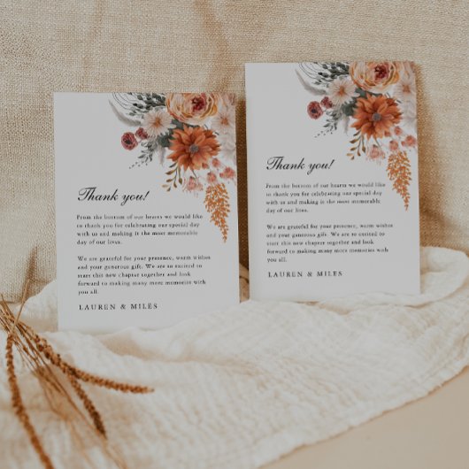 Boho Floral Mariage de automne Merci Note