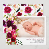 Boho Floral | Marsala Photo Faire-part de naissanc (Devant / Derrière)