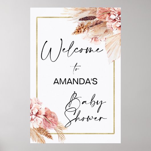 Boho Floral met Pampas Grass Welcome Baby shower Poster (Voorkant)