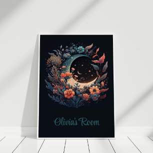 Boho Floral Moon avec nom personnalisé Poster