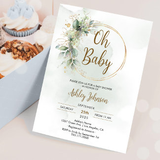 Boho Floral Oh Baby Groen en Goud Baby shower Kaart