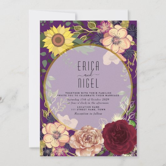 Boho Floral Paarse Wedding Uitnodiging (Voorkant)