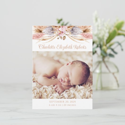 Boho Floral Pampas Faire-part de naissance photo d (Debout devant)