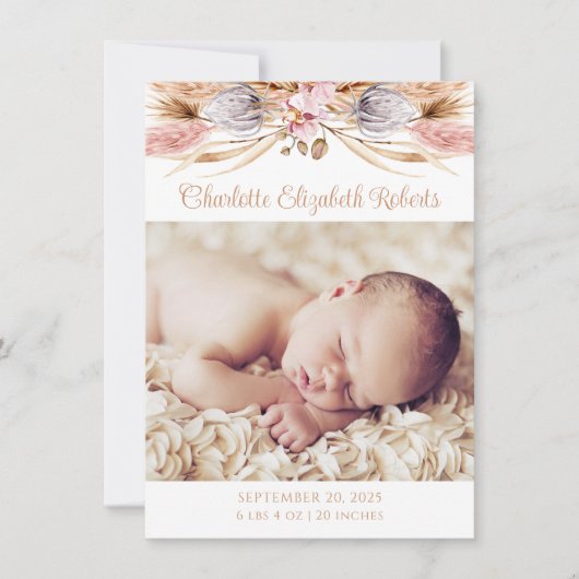 Boho Floral Pampas Faire-part de naissance photo d (Devant)