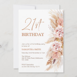 Boho Floral Pampas Grass 21st Birthday Uitnodiging