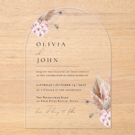 Boho Floral Pampas Grass invitations mariage (Recto)