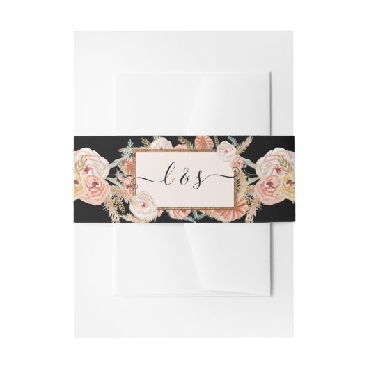 BOHO Floral Pampas Grass Roos Gold Black Uitnodigingen Wikkel (Voorkant Voorbeeld)