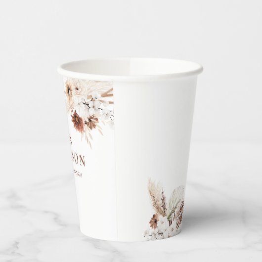 Boho Floral Pampas Grass Wedding Paper Cups Papieren Bekers (Links)