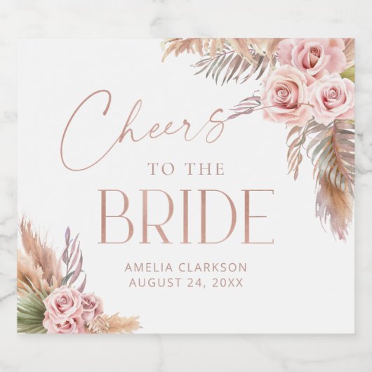 Boho Floral Pampas Roos Gold Cheers Sparkling Wijnetiket (Enkel label)