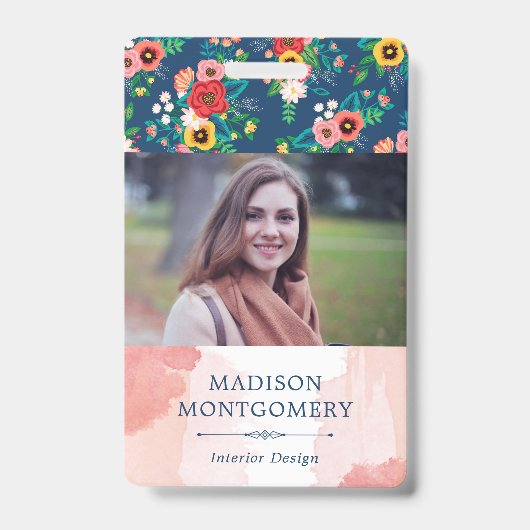 Boho Floral Pattern & Blush Pink Waterverf Foto Badge (Voorzijde)