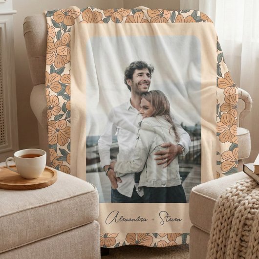 Boho Floral Pattern Custom Couple Foto Name Fleece Deken