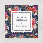 Boho Floral Pattern - Koraal & Marine Blauw Vierkante Visitekaartje (Voorkant)