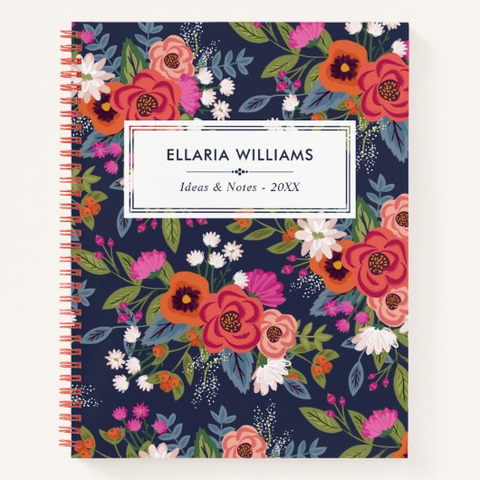 Boho Floral Pattern - Navy Blue & Coral - Naam Notitieboek (Voorkant)