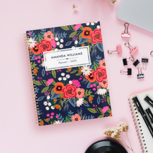 Boho Floral Pattern - Navy Blue & Coral - Naam Planner