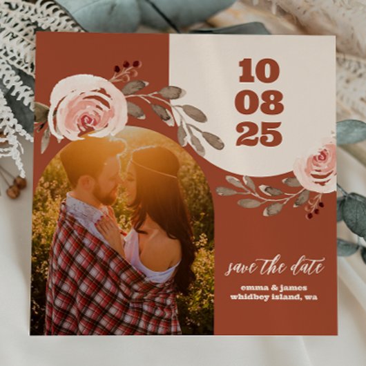 Boho Floral Photo Enregistrer la carte Date Burnt