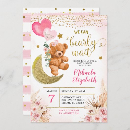Boho Floral Pink Barly Wait Baby shower Invite Kaart (Voorkant / Achterkant)