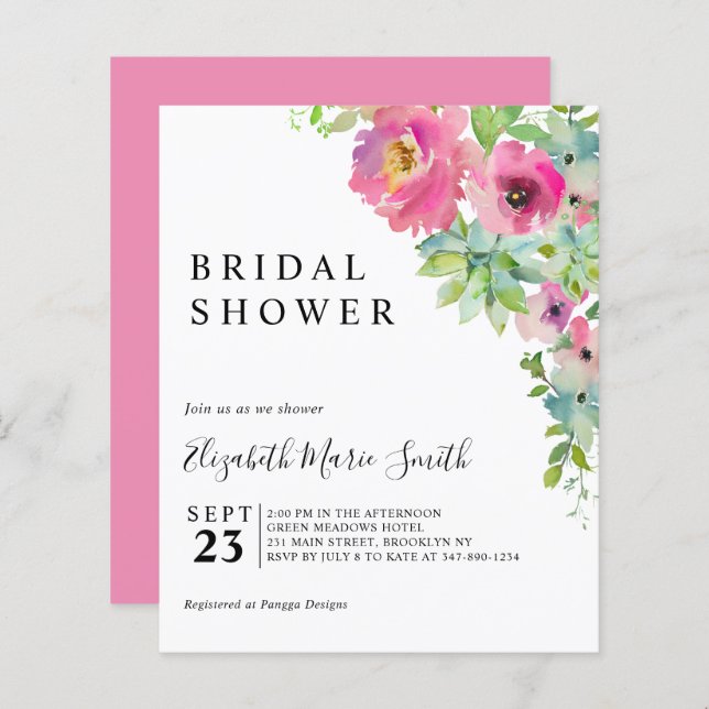 Boho Floral Pink Budget Bridal Shower Uitnodiging (Voorkant / Achterkant)