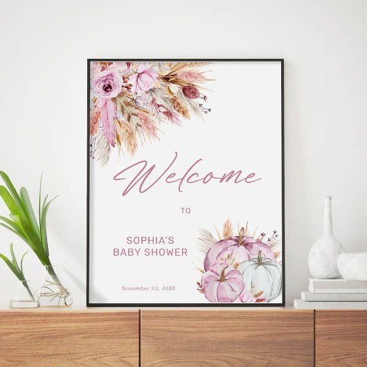 Boho Floral Pink Pumpkin Baby shower Welkom Poster