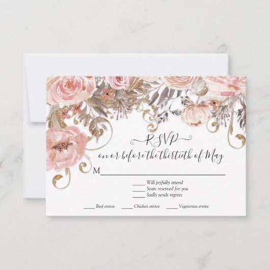 Boho Floral Pink Roses Earth Tone RSVP-reactie RSVP Kaartje (Voorkant)